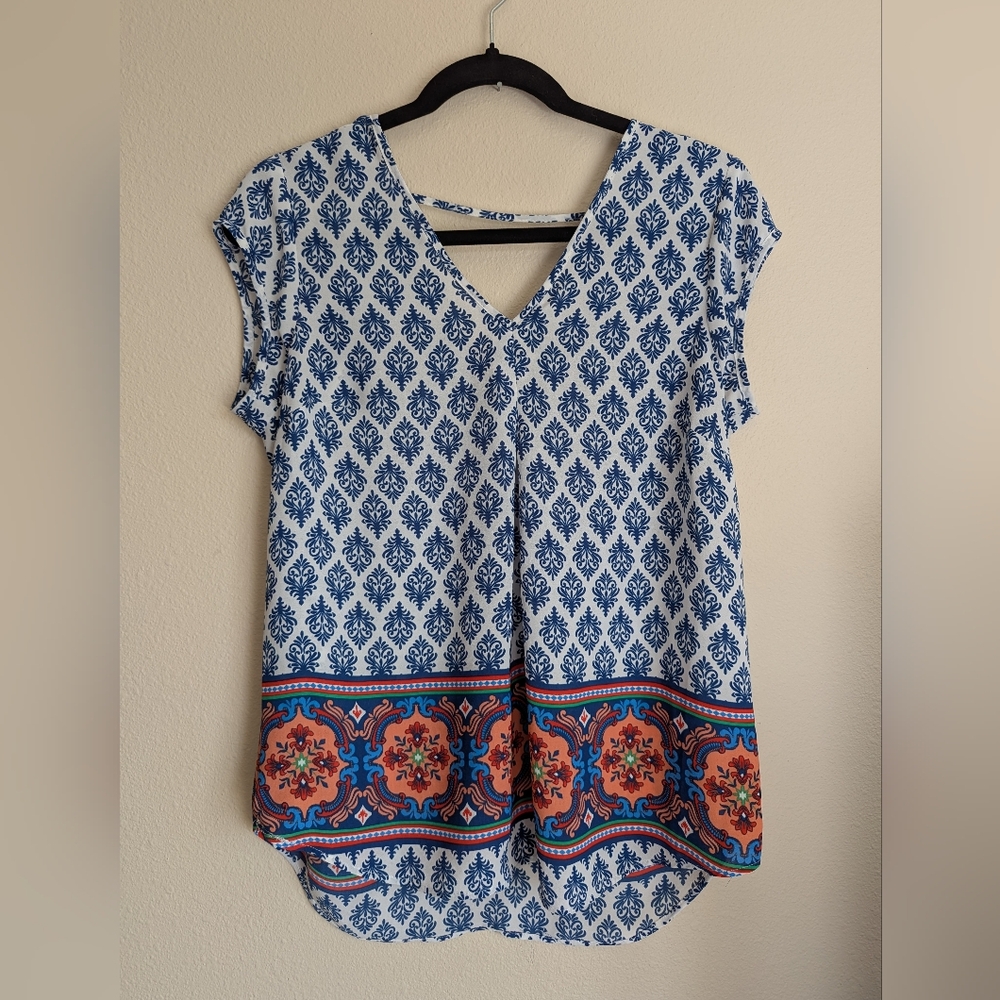 DR2 Blue and Orange Patterned Cap Sleeve Blouse Size S